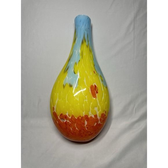 MCM Large Vintage Italian Art Glass‎ Vase blue Yellow Orange Fire & Water flame